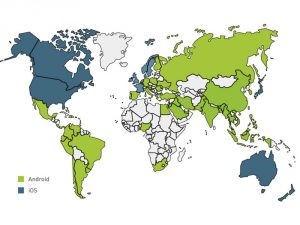 Map showing which countries are dominated by either Android or iOS